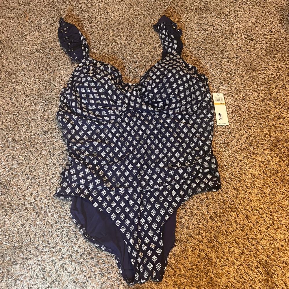 Anne Cole Navy Print One Piece Swimsuit Plus Size 24W New With Tags